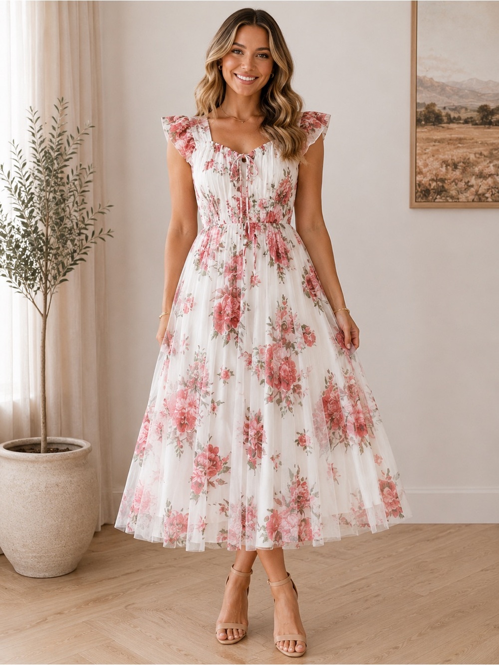 Lovely Grace Floral Tulle Midi Dress M Pink Romantic Cottagecore Party